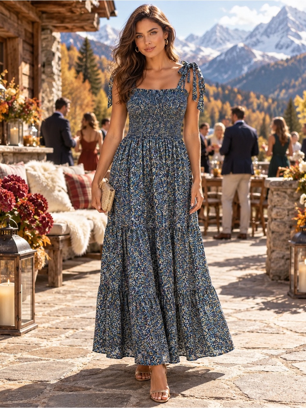 Smocked Tie-Shoulder Maxi Dress in Blue Floral